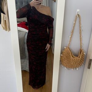 One-Shoulder Red and Black Floral Dress
